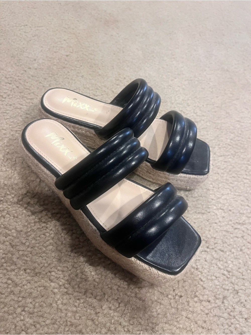 Black Quilted Double-Strap Espadrille Wedge Sandals 6.5